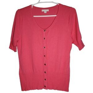 NY&C Coral Hot‎ Pink Gem Button Short Sleeve Cardigan Size Medium